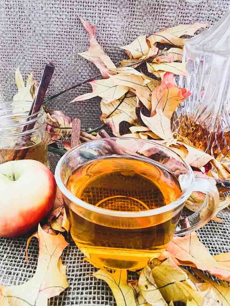 Mug with Apple Cider Bourbon Cocktail. Apple and Cinnamon Simple Syrup with fall colored leafs in the background.