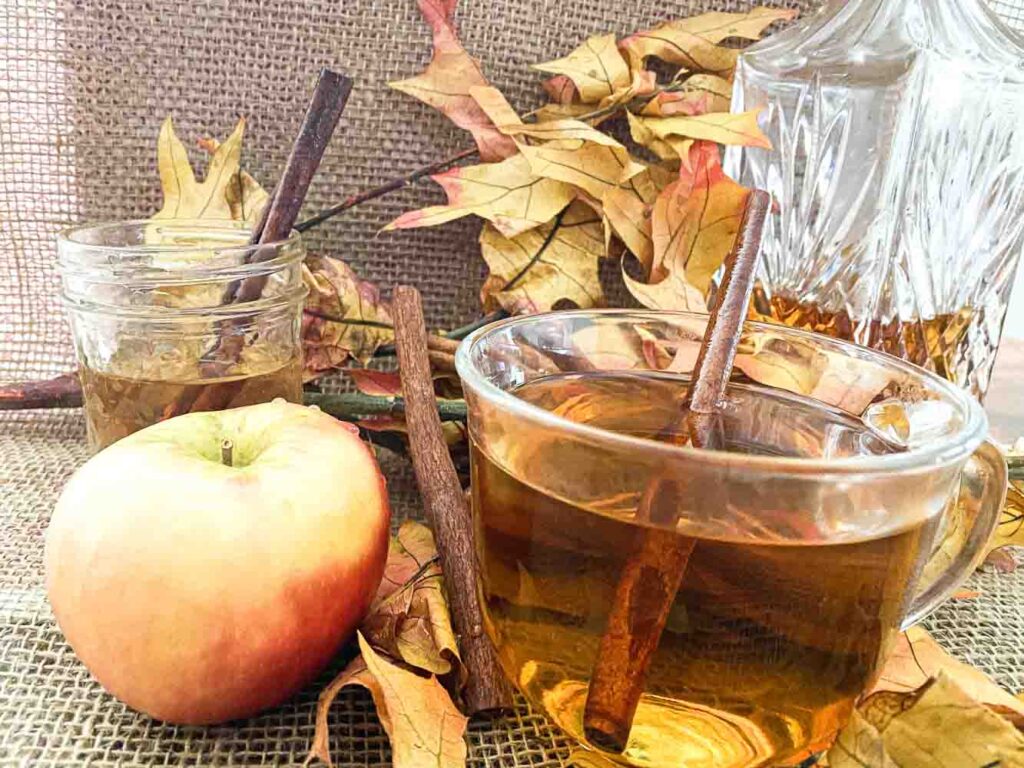 Apple Cinnamon Toasty drink in a mug garnished with a cinnamon stick. Apple and Simple Syrup with fall leafs in the background.