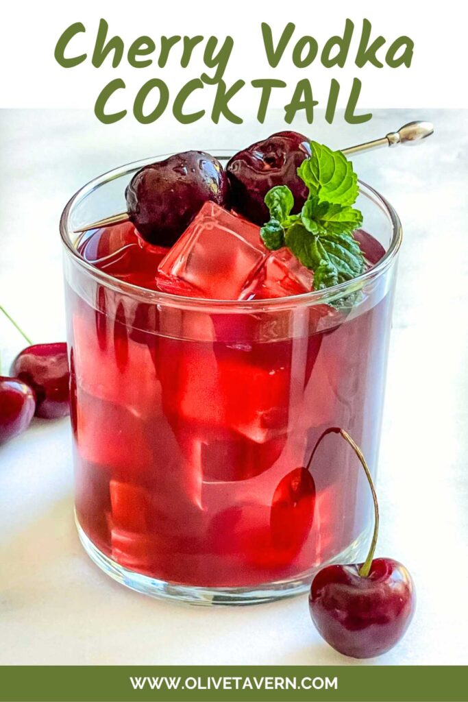 Pin of Cherry Vodka Cocktail in a clear glass with title at top