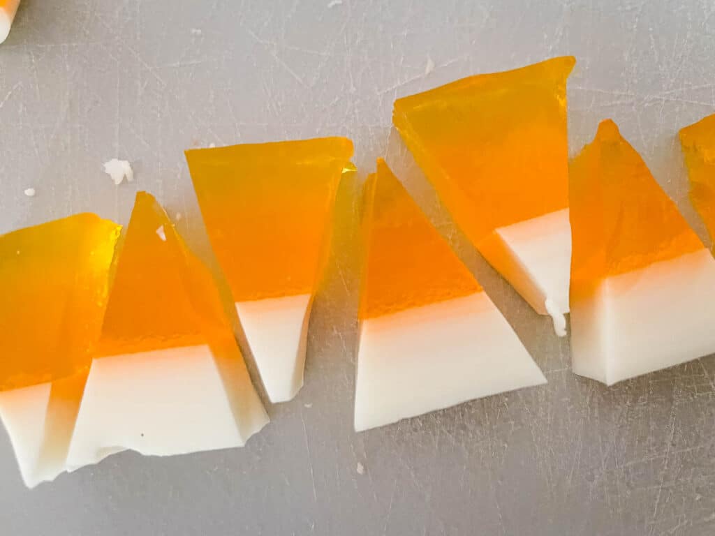 A gelatin row after being cut into triangles