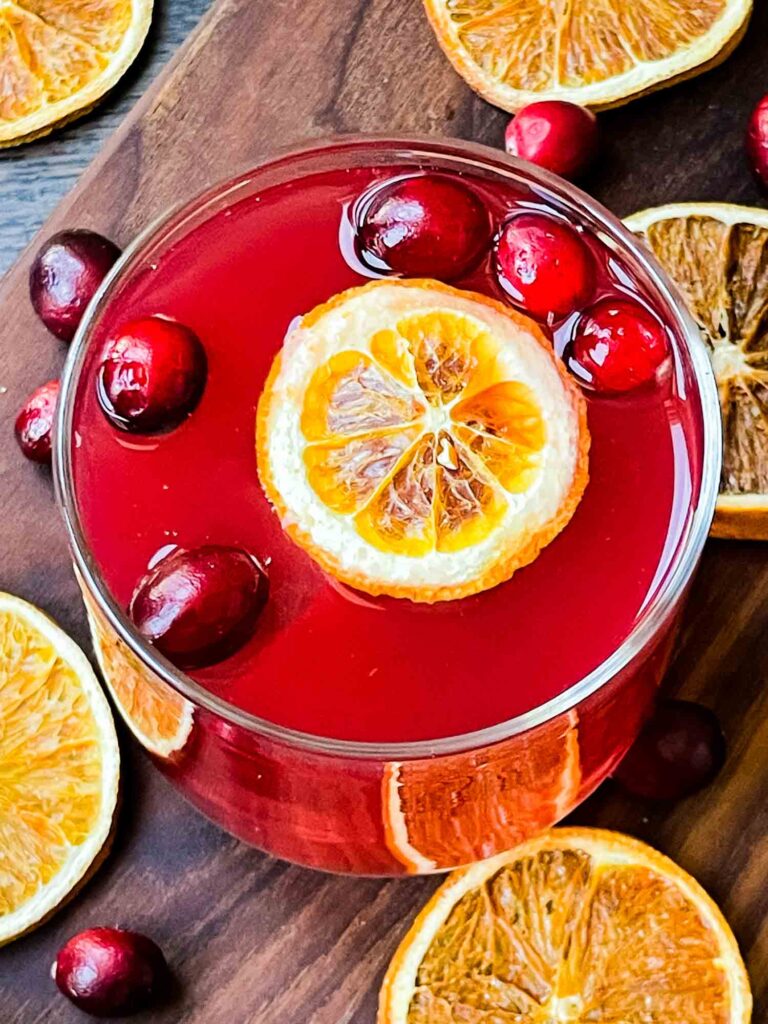 Top view of a Cranberry Bog Cocktail surrounded by dried orange slices and cranberries
