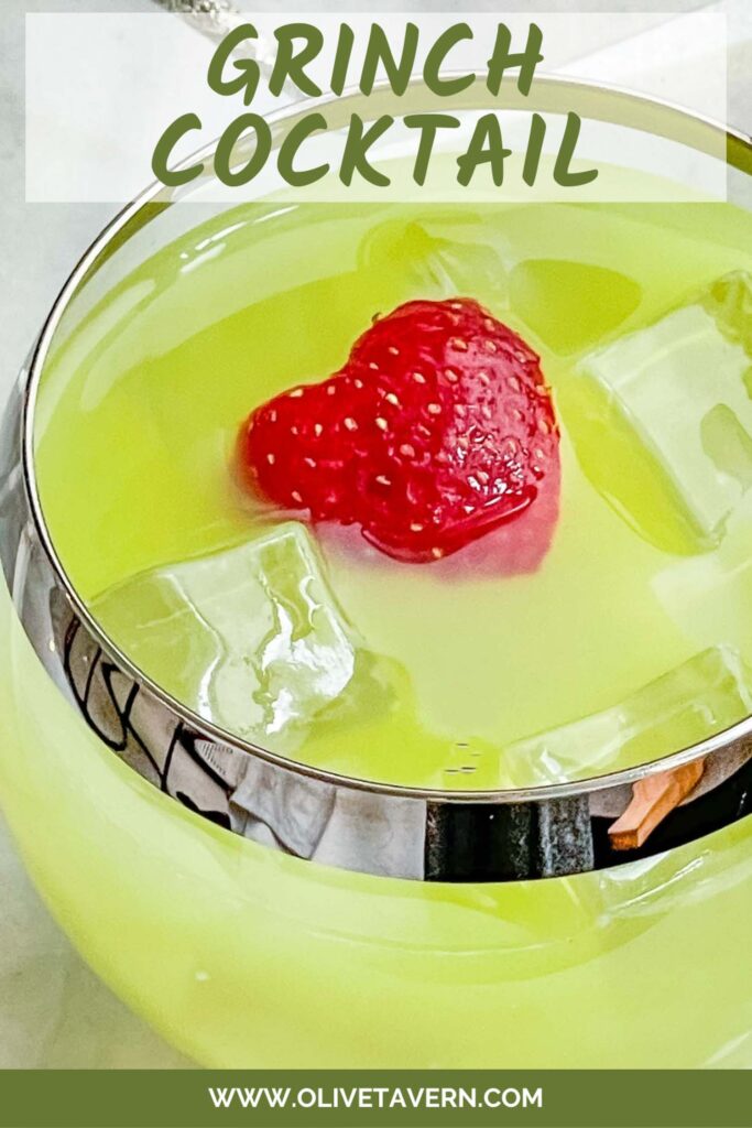 Pin of a green Grinch Cocktail with title at top