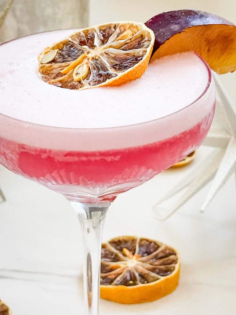Close view of a pink purple Sugar Plum Fairy Cocktail (Plum Sour) in a glass with dried lemon and plum wedge garnish