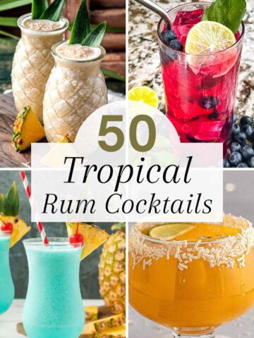 Pin for a collection of 50 Best Tropical Island Cocktail Drinks with Rum with pin title and four cocktails around it.
